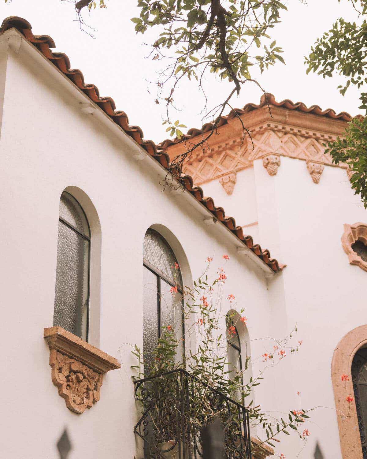 The restored facade of the Polanco house: arched windows with carved stone corbels, clay roof tiles and a flowering vine
